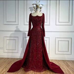 Red Embellished Sweetheart Bell Sleeve Gown
